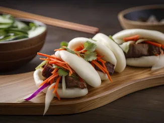classic bao bun, stuffed with slow-cooked pork and pickled veggies, created with generative ai