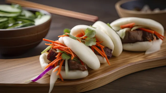 classic bao bun, stuffed with slow-cooked pork and pickled veggies, created with generative ai