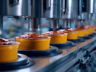 food manufacture, food manufacturing systems, MES. An industrial food processing line showcasing containers filled with sauce moving along a conveyor belt, highlighting automation in food manufacturing.