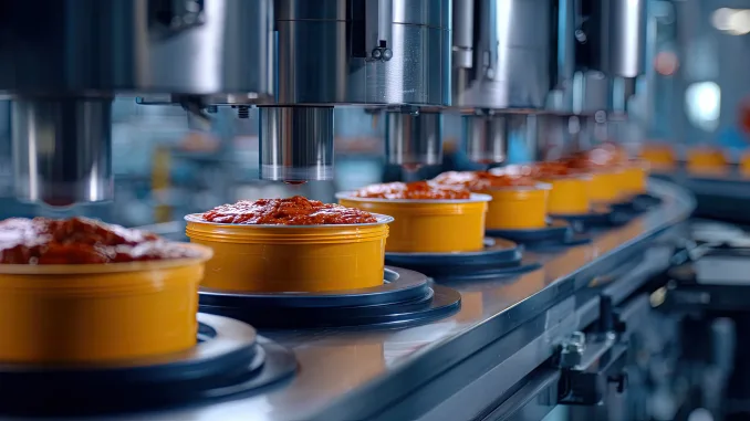 food manufacture, food manufacturing systems, MES. An industrial food processing line showcasing containers filled with sauce moving along a conveyor belt, highlighting automation in food manufacturing.