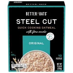Better Oats Steel Cut Instant Oatmeal Packets, Original Flavor with Flax Seeds, Quick-Cooking Breakfast, Box of 10 Pouches