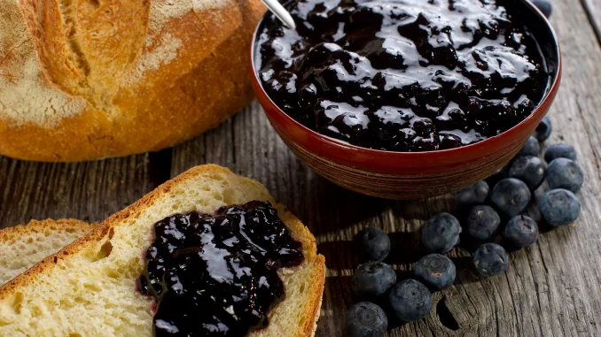 blueberry jam with bread on wood background