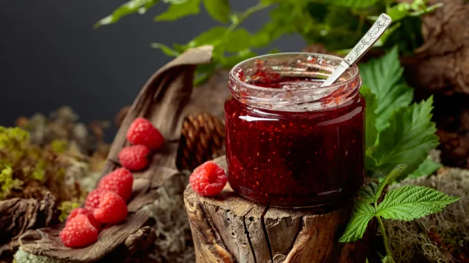 A jar of raspberry jam with fresh berries on an old tree trunk in the forest. A concept of healthy, eco-friendly food.