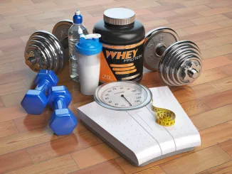 items in sports nutrition, Fitness, bodybuilding or weight loss concept. Weight scales, dumbbells whey protein powder with shaker. Healthy lifestyle. 3d