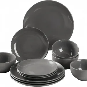 simpa 12PC Grey Glazed Ceramic Stoneware Dinner Set. 4 Dinner Plates, 4 Side Plates & 4 Bowls. Dishwasher & Microwave Safe.