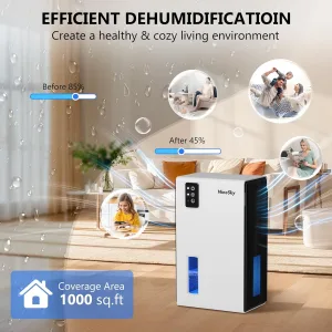 NineSky Dehumidifier,95 OZ Dehumidifiers for Home,(1000 sq.ft) Dehumidifiers for Basement Bathroom Bedroom with Auto Shut Off, Switchable 7 Colors Light(White)