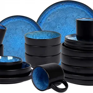 HomeVss 20-Piece Dinnerware Set - Serves 4, Reactive Glaze Bubble Blue Plates & Bowls Set | Microwave & Dishwasher Safe Dishes Set