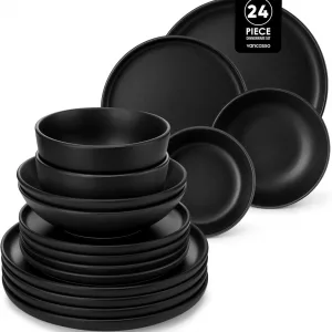vancasso Black Crockery Sets for 6 People, Elegant 24 Piece Dinner Set with Matte Glaze, Modern Style Playa Dinner Sets for 6 People