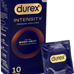 Durex Intensity Condoms, 10s, Regular Fit, Better Body Heat Transfer, Latex Free, Ultra Thin Plus, Our Thinnest Condom Yet, Transparent, Moulds to Your Shape
