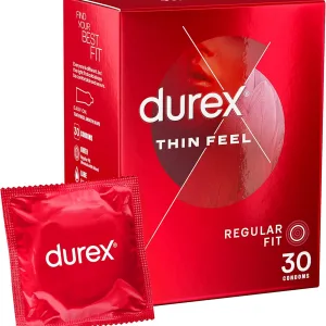 Durex Thin Feel, 30 Condoms, With Silicone Lube, Easy On Shape, Regular Fit, Natural Latex, Thin for More Sensitivity, Same Durex Security and Protection,...