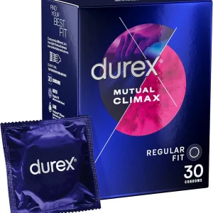 Durex Mutual Climax, 30 Condoms, Regular Fit, With Performa Silicone Lube, Ribbed and Dotted, Easy On, Teat Ended, Trusted Durex Protection