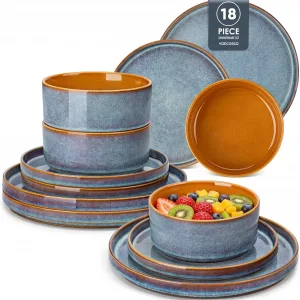 vancasso Onion Plates and Bowls Set, 18-Piece Mediterranean Style Stoneware Dinner Sets for 6 People, Reactive Glaze Crockery Set with Dinner Plates,... Colour Name:Blue