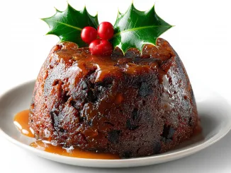 Christmas pudding with holly on a white background. Isolated.
