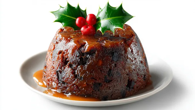 Christmas pudding with holly on a white background. Isolated.