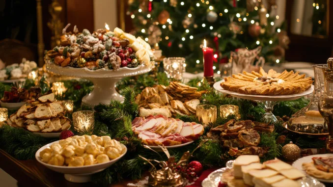 Festive Christmas appetizers on a beautifully set holiday table, with seasonal decorations and warm lighting, ready for a cozy family gathering. Xmas Party Food