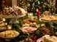Festive Christmas appetizers on a beautifully set holiday table, with seasonal decorations and warm lighting, ready for a cozy family gathering. Xmas Party Food