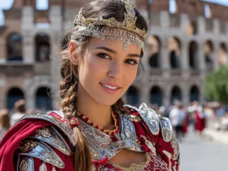 A person dressed in a detailed Roman outfit stands confidently at the Colosseum, radiating historical charm. Roman festival. Saturnalia