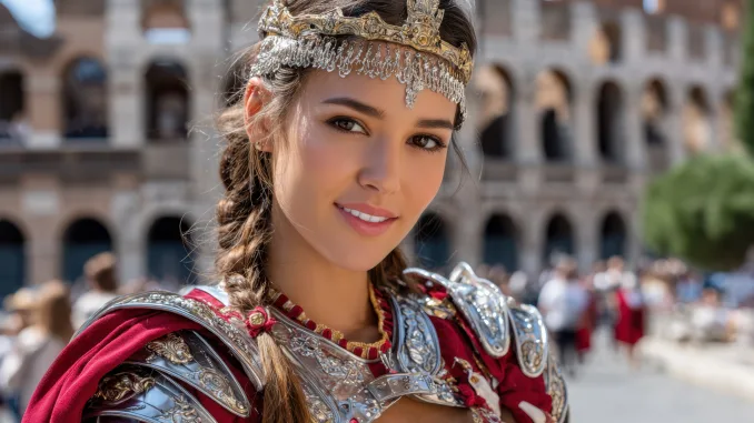 A person dressed in a detailed Roman outfit stands confidently at the Colosseum, radiating historical charm. Roman festival. Saturnalia