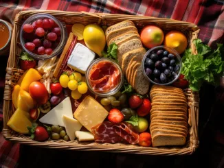overhead view of a wicker picnic basket filled with sandwiches, fruits, and drinks, created with generative ai