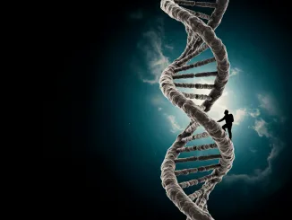 A person climbs the DNA molecule. Space for text. Gene silencing.