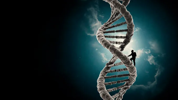 A person climbs the DNA molecule. Space for text. Gene silencing.