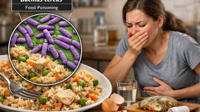 Bacillus cereus. Toxins of Bacillus cereus, Woman feeling sick and suffering abdominal pain