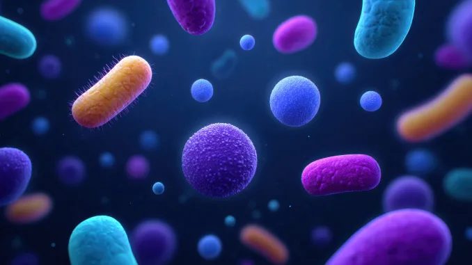 An abstract representation of colorful microorganisms including bacteria and viruses floating in a dark environment, showcasing their vibrant shapes and textures. Burkholderia cepacia. Antimicrobials, beta-defensins, β-defensins