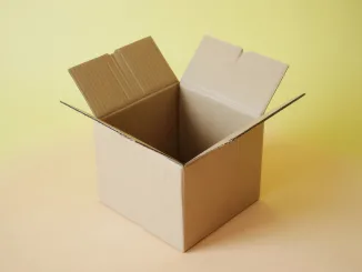 The an open cardboard box with its flaps raised, revealing its empty interior. The box is placed against a smooth, yellowish background. The box is primarily brown with a light-colored interior. The overall composition is simple and minimalistic, highlighting the box's structure and the soft, neutral tones of the background.