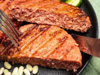 Source of fibre plant based vegan soya protein grilled burgers, meat free healthy food close up. Prepared using high moisture extrusion