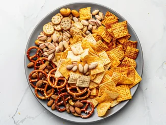 Top-down shot of party mix on a grey plate, including crackers, chips, pretzels, almonds, and pistachios. Salty snacks on a white background