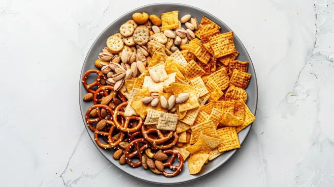 Top-down shot of party mix on a grey plate, including crackers, chips, pretzels, almonds, and pistachios. Salty snacks on a white background
