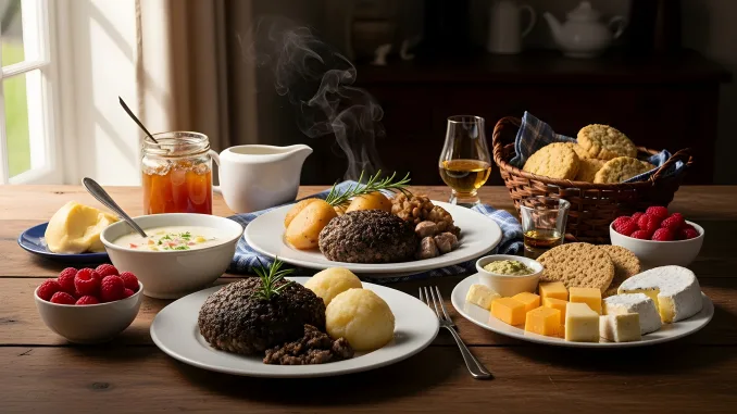 A hearty traditional Scottish meal featuring haggis, neeps (turnips), and tatties (potatoes), served alongside a bowl of soup, oatcakes, cheese, raspberries, and a glass of whisky. The rustic wooden table setting evokes a warm, cultural dining experience. Burns Night.