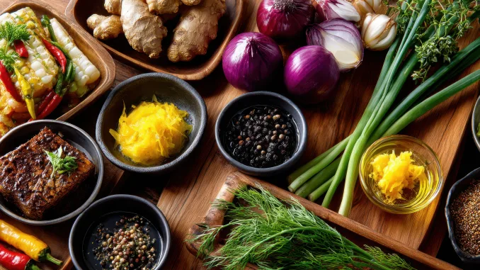 An overhead shot of various herbs, spices, and small dishes on a wooden surface