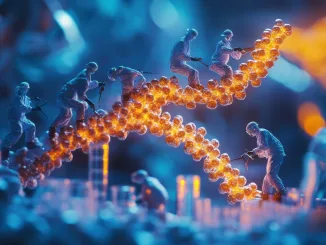 Creative Scientists Working on DNA Helix in High-Tech Laboratory Setting.