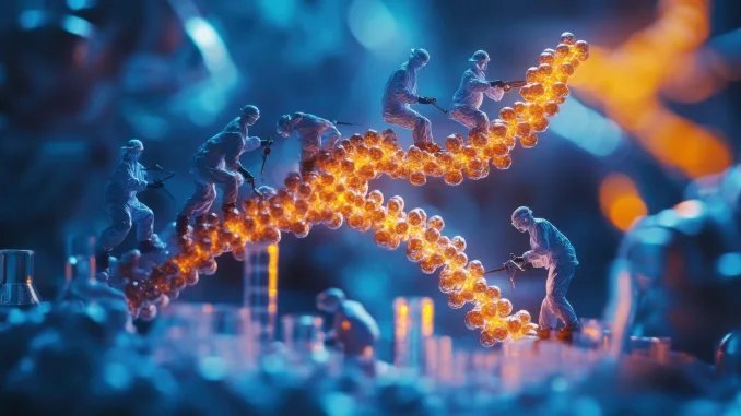 Creative Scientists Working on DNA Helix in High-Tech Laboratory Setting.
