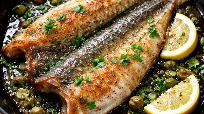 butterflied herring in skillet