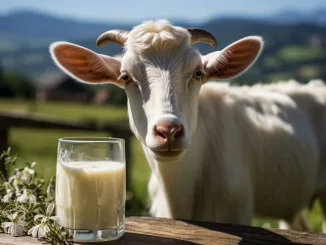 A glass of goat milk on a wooden table and a white goat in the mountains in summer. Generative AI. goats milk, goats milk ice cream, goat with a glass of goat milk