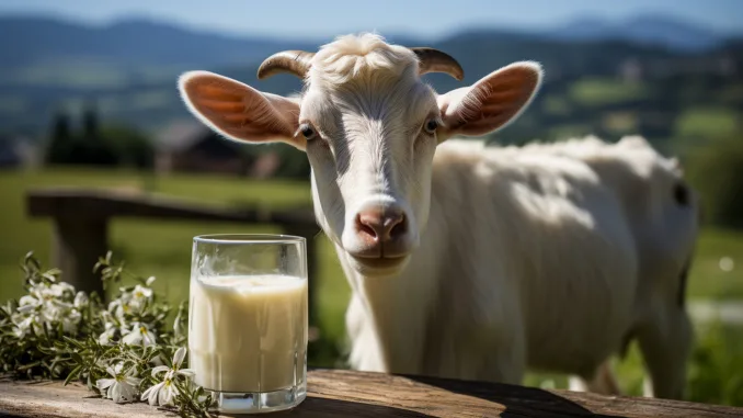 A glass of goat milk on a wooden table and a white goat in the mountains in summer. Generative AI. goats milk, goats milk ice cream, goat with a glass of goat milk
