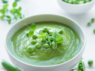 Fresh green pea soup bowl on gray concrete background