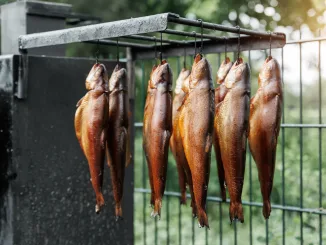 Fresh smoked rainbow trout fish hanging outdoors near smokehouse metal box. Traditional natural smoking process on wooden firewood chips. Homemade handmade hot smoke salmon. Smoke fish