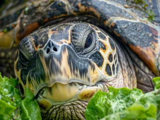 Hawksbill sea turtle munches on green leaves, showing its sharp beak and skin texture in a close up shot. Turtle soup