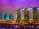 Fish-eye view of Singapore city skyline at sunset.